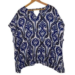 Chico's linen Blue White Ikat Damask Print V-Neck Poncho Top with Back Cut-Out